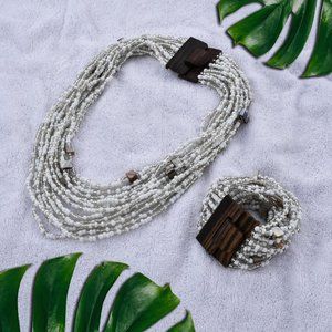 White Seed Bead & Wooden Buckle Stretch Bracelet & Multi Strand Necklace Set 438